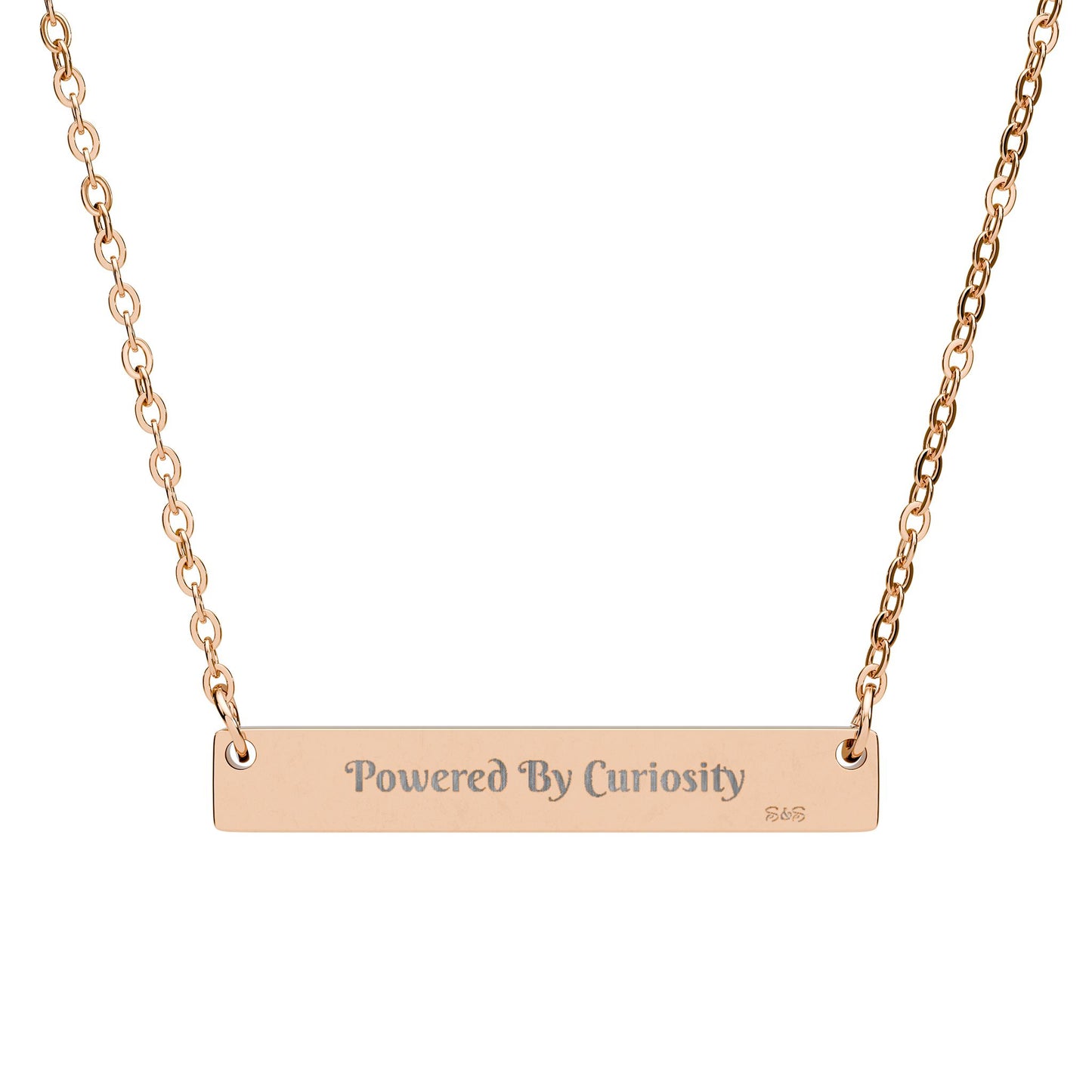 Engraved Horizontal Bar Necklace: Powered By Curiosity Pendant