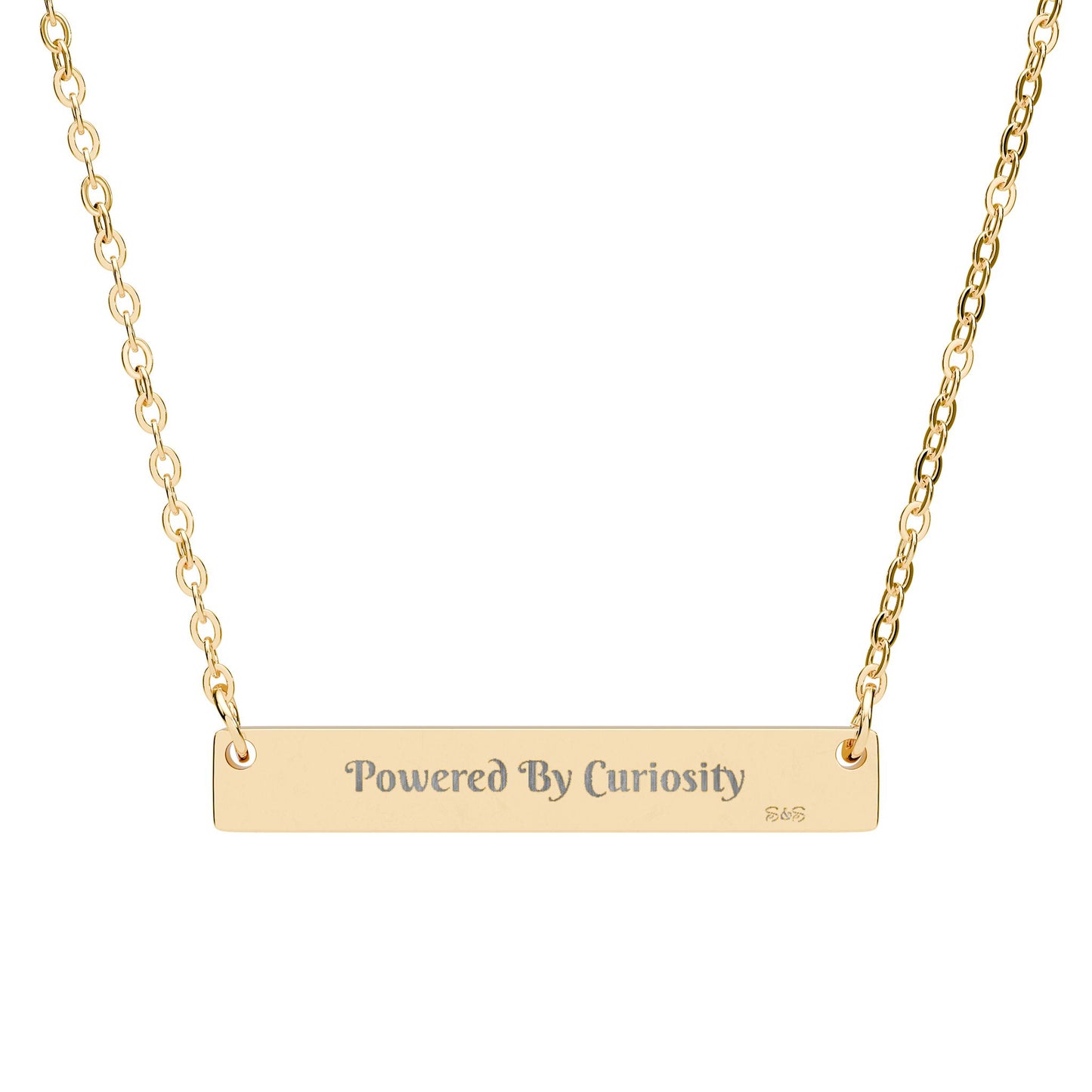 Engraved Horizontal Bar Necklace: Powered By Curiosity Pendant