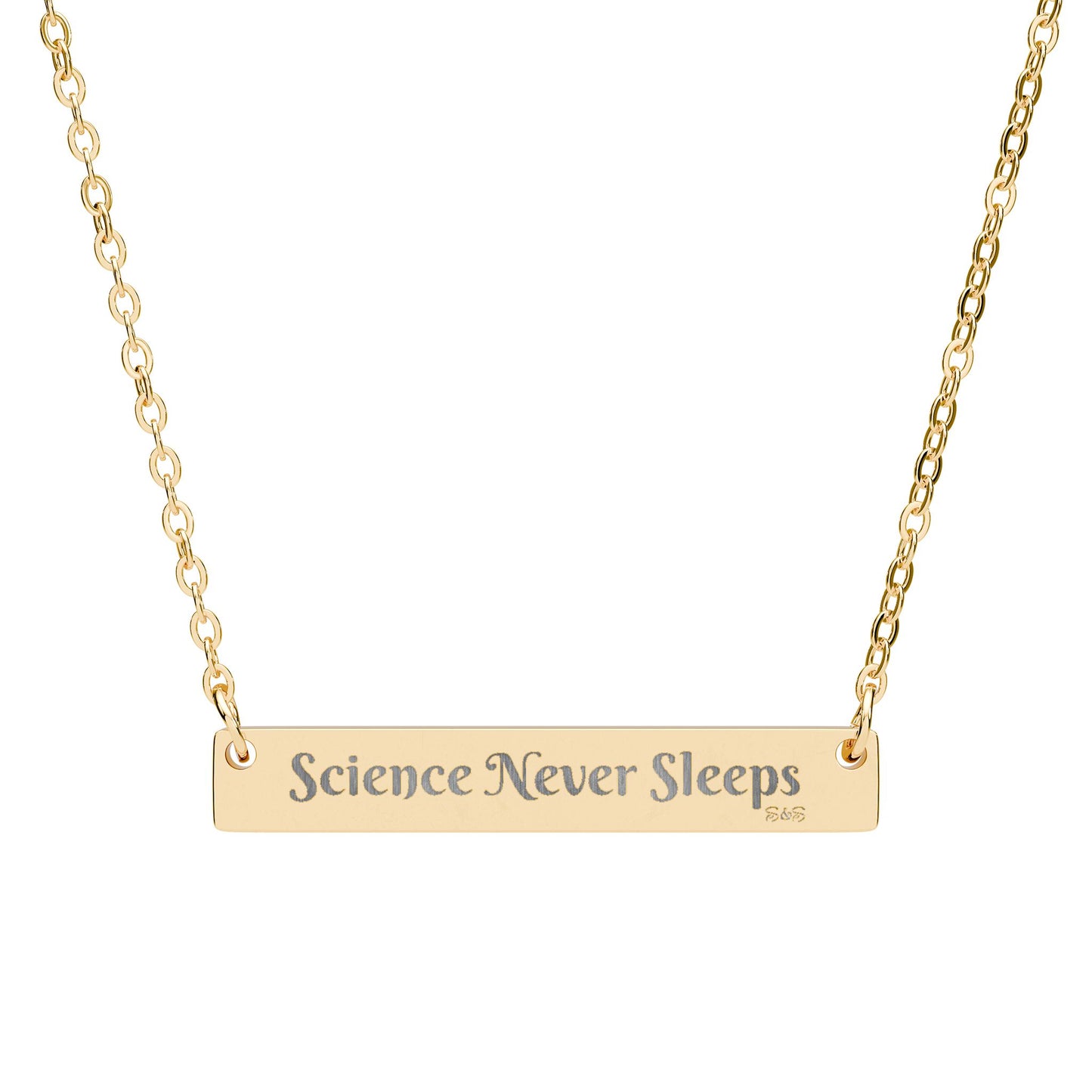 Engraved Horizontal Bar Necklace: Science Never Sleeps Pendant